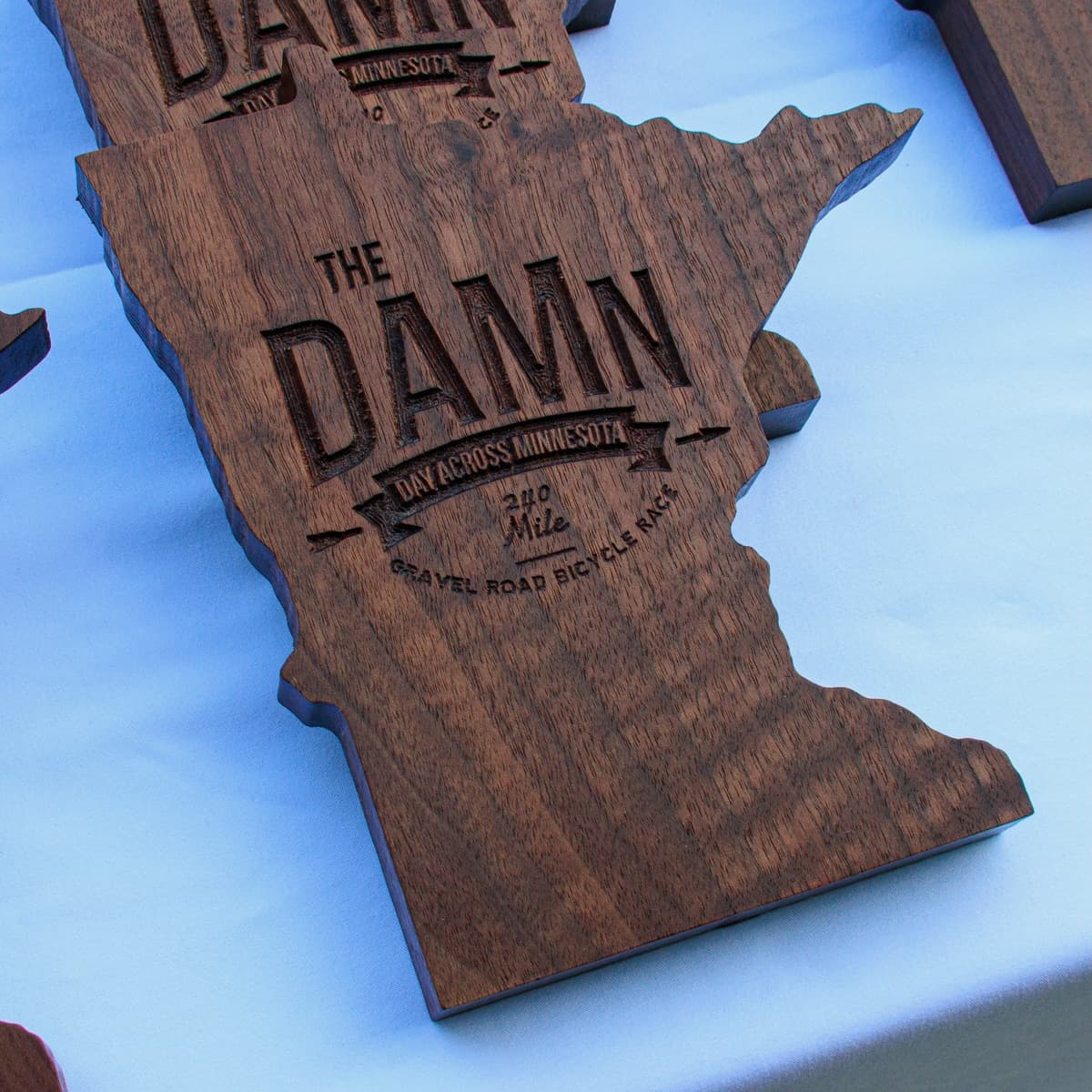 Close-up front view of a CNC-engraved wooden Minnesota-shaped plaque featuring "THE DAMn" (Day Across Minnesota) logo with decorative arrows and "Gravel Road Bicycle Race" text, showing detailed engraving depth and natural wood grain patterns.