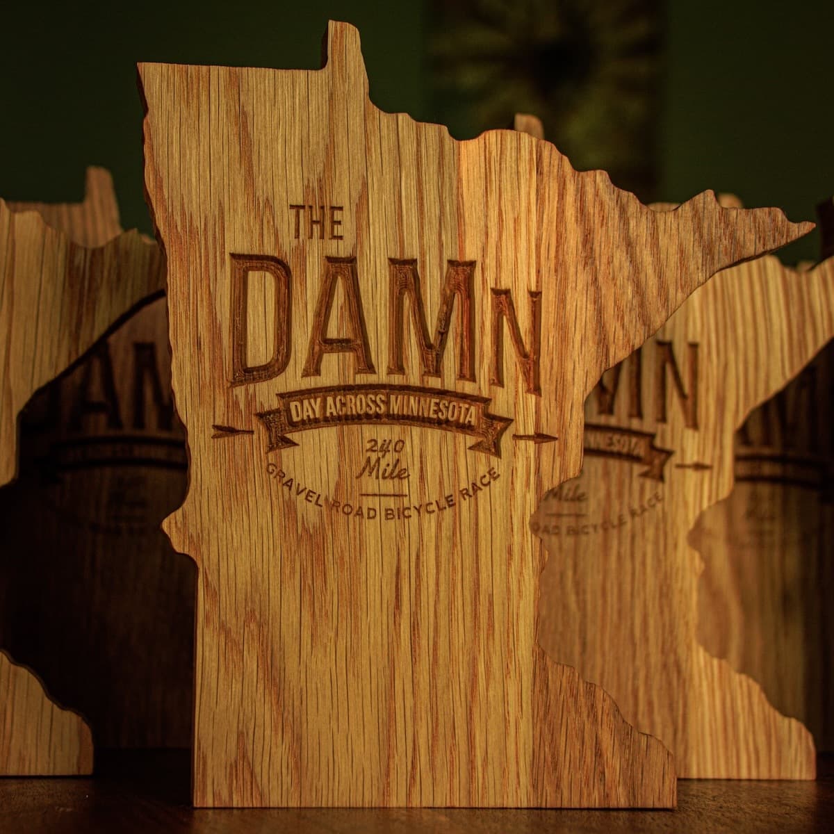 Minnesota state-shaped white oak trophy plaques arranged in a display, featuring 'The DAMn' race branding and '240 Mile Gravel Road Bicycle Race' text