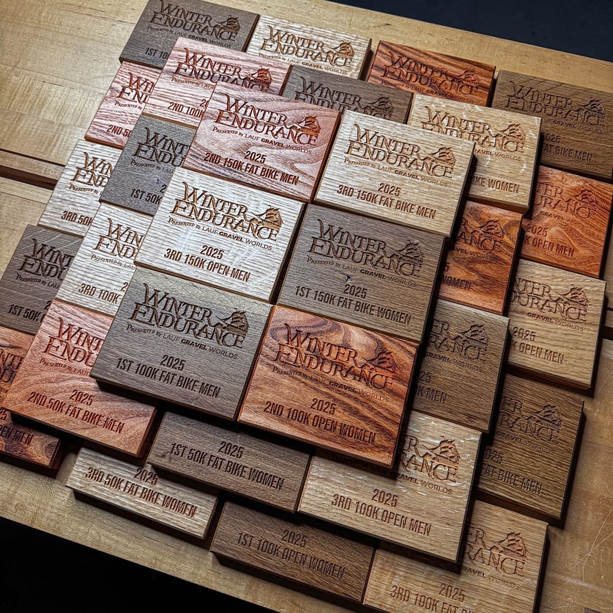 Array of multiple Winter Endurance 2025 trophy plaques in various wood species arranged in grid showing different race categories and placements