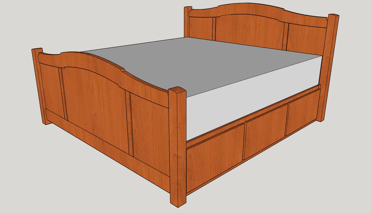 Technical 3D illustration of complete platform bed assembly