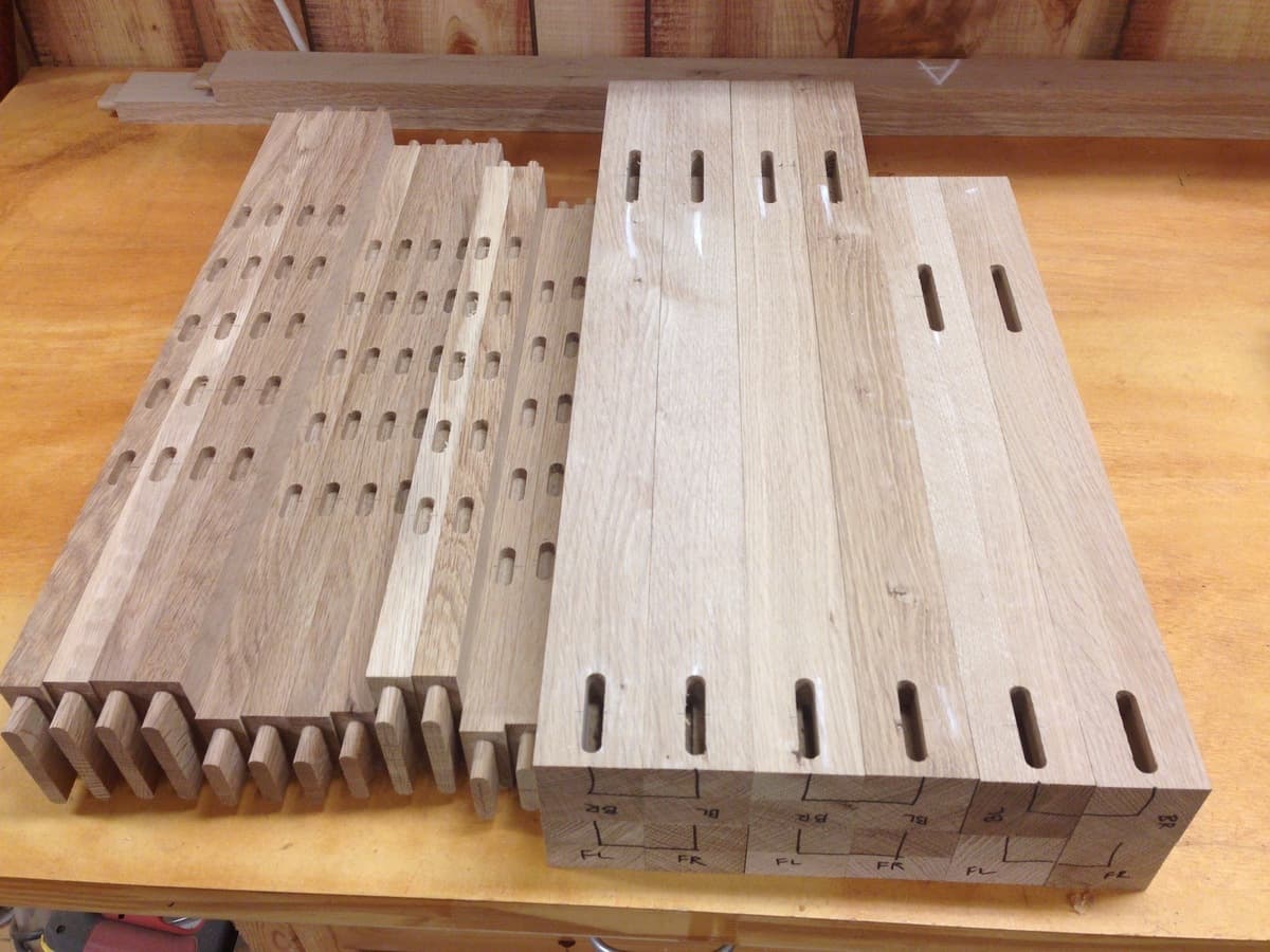 Mortise and tenon joint details with test fit slots milled into white oak panels