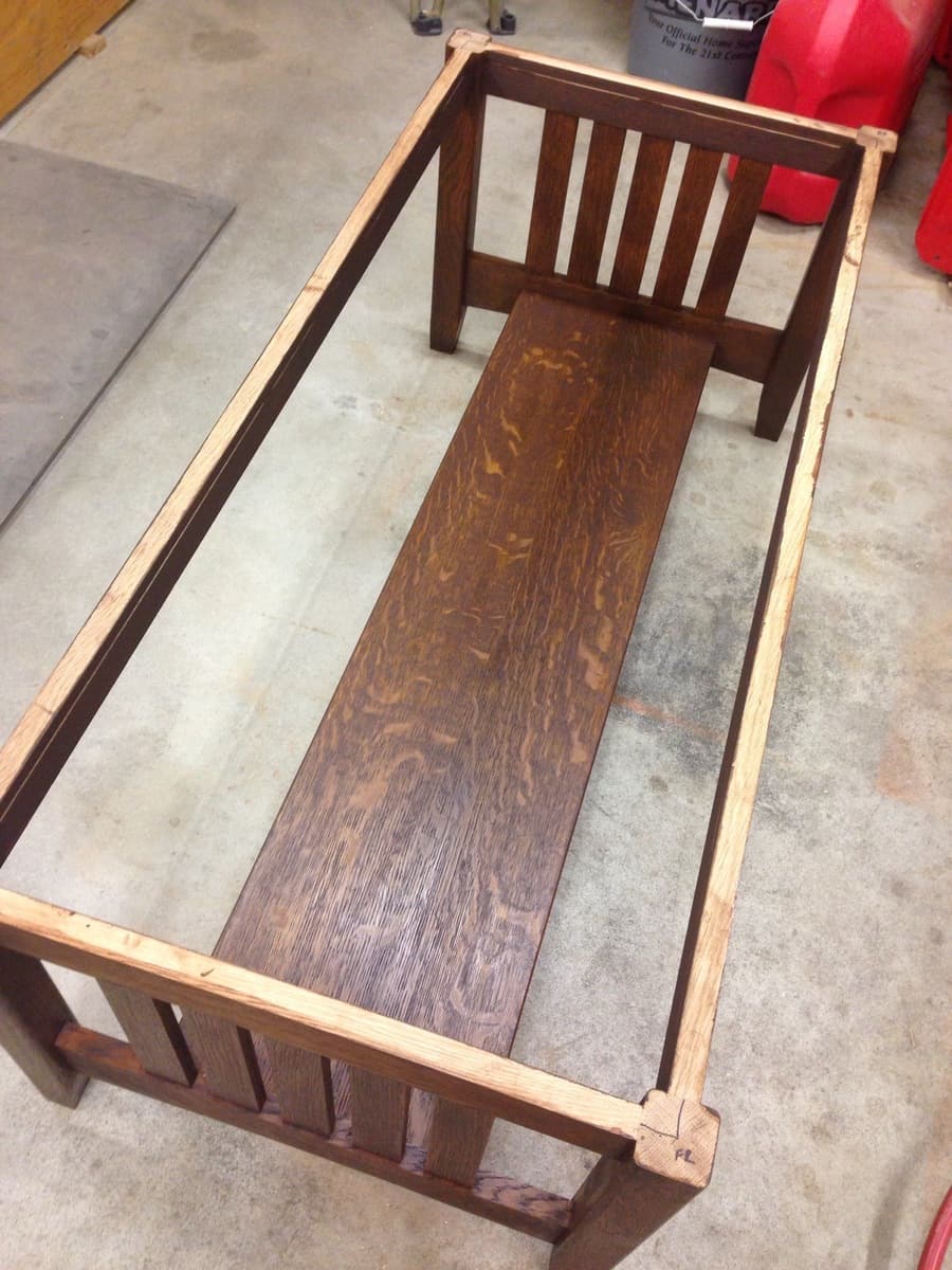 Mission end table top view displaying quarter-sawn white oak grain and satin finish