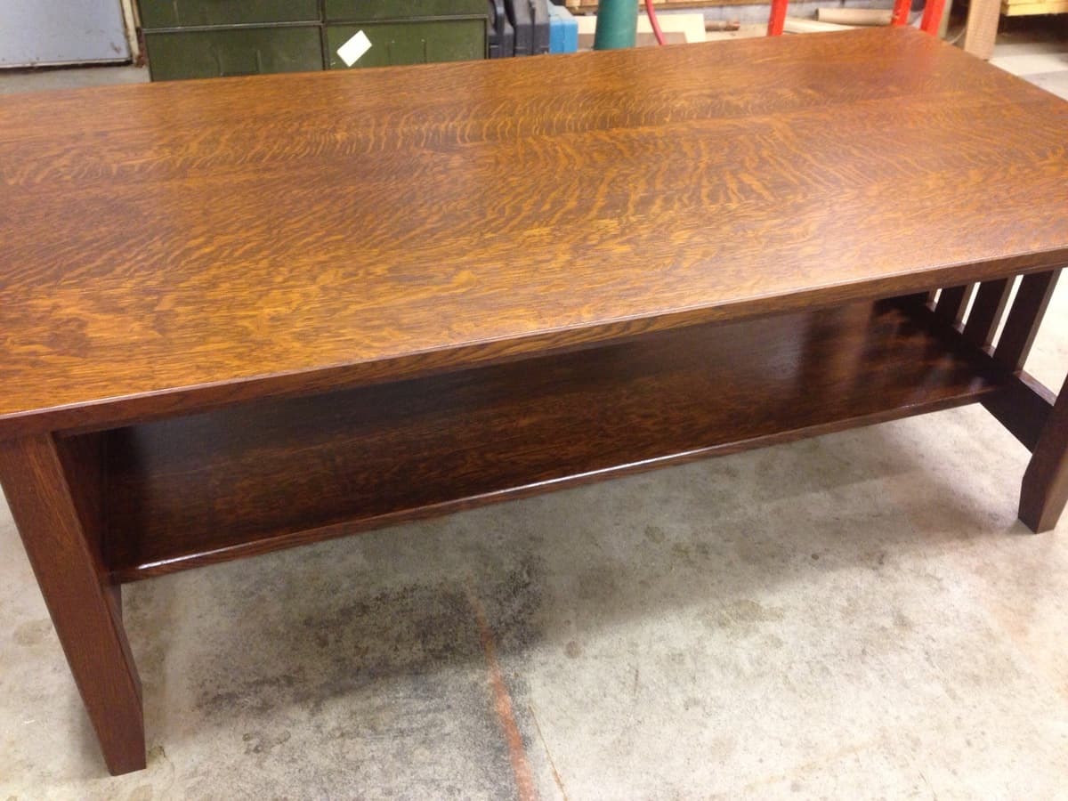 Completed mission end table displayed showing full profile and slatted design elements