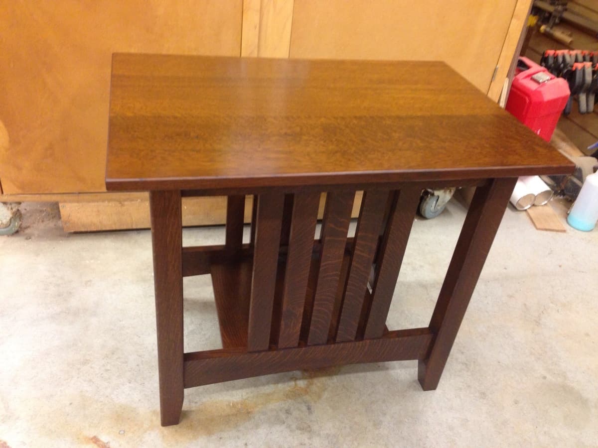Mission side table in completed state displaying quarter-sawn white oak and slatted apron construction